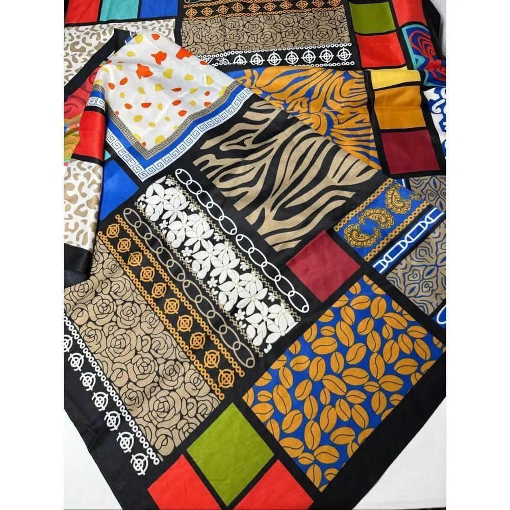 Large Multicolor Bohemian Silk Feel Scarf Patchwork Print Oversized Shawl Wrap